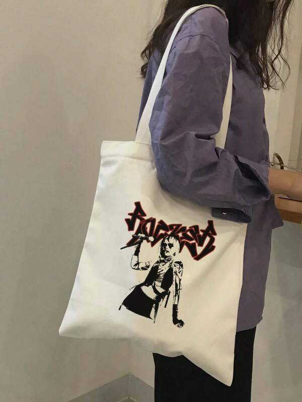 Letter & Figure Print Canvas Shopper Bag Casual