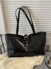 時尚單肩托特包鱷魚壓紋雙把手PU皮革 - 黑色 - 查看 1