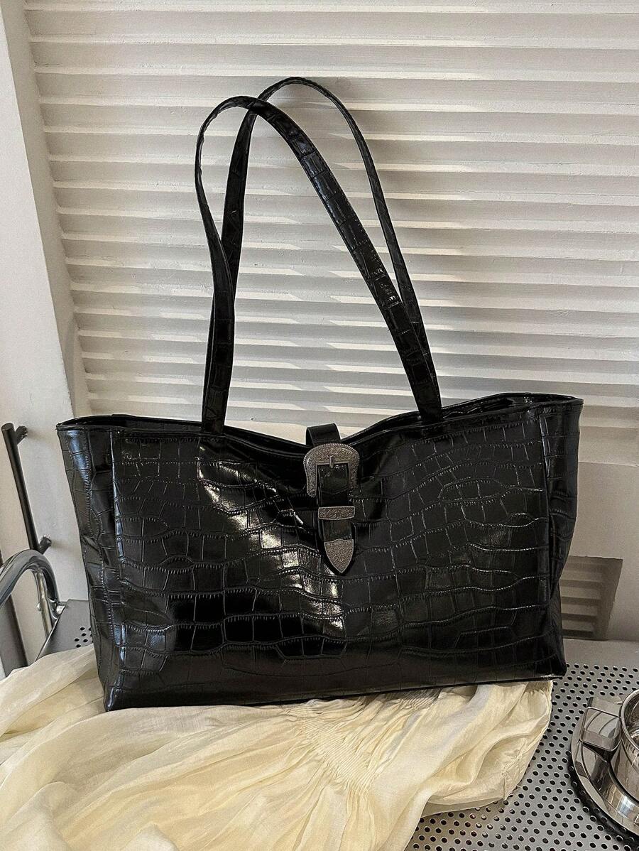時尚單肩托特包鱷魚壓紋雙把手PU皮革 - 黑色 - 查看 1