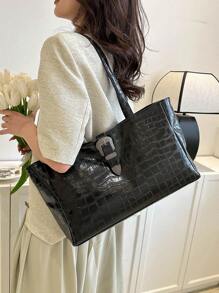 時尚單肩托特包鱷魚壓紋雙把手PU皮革 - 黑色 - 查看 2