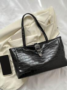 時尚單肩托特包鱷魚壓紋雙把手PU皮革 - 黑色 - 查看 4
