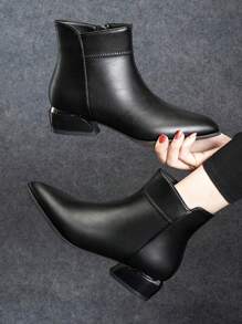 女性側拉鏈尖頭粗跟優雅黑色戶外經典靴 - 黑色 - 查看 1