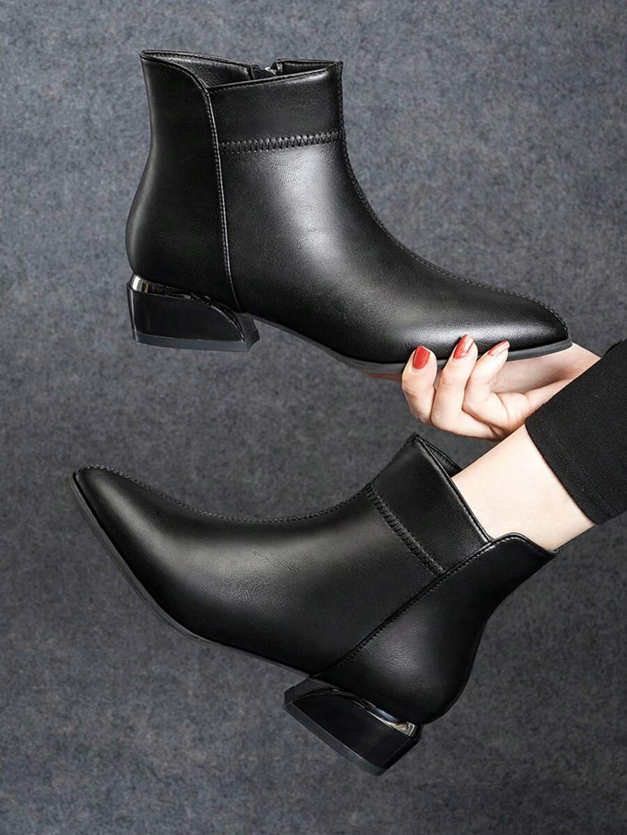 女性側拉鏈尖頭粗跟優雅黑色戶外經典靴 - 黑色 - 查看 1