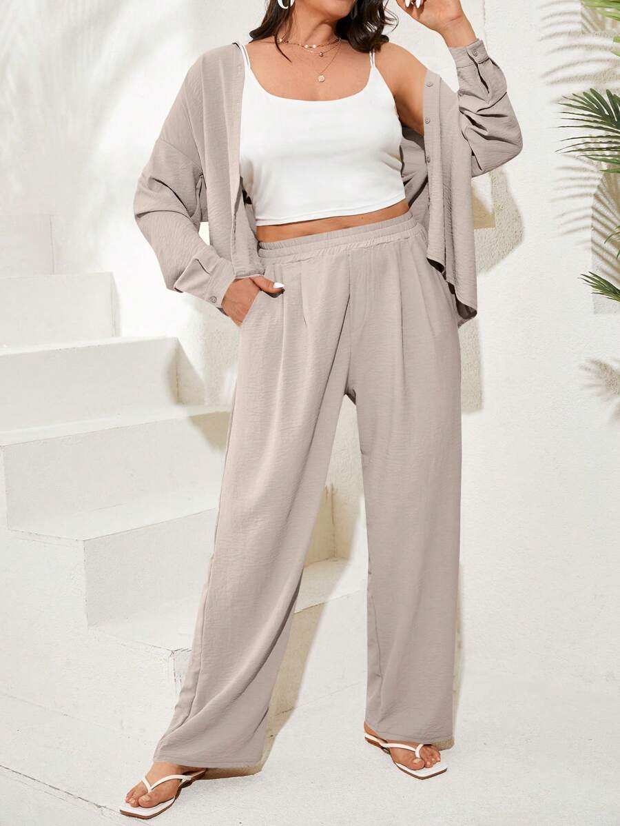 RueChic Plus Button Up Drop Shoulder Shirt & Wide Leg Trousers - Beige - View 1