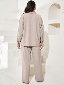 RueChic Plus Button Up Drop Shoulder Shirt & Wide Leg Trousers - Beige - View 2