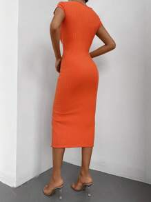 RueChic Ribbed Knit Split Thigh Bodycon Dress - Orange - View 2