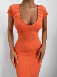 RueChic Ribbed Knit Split Thigh Bodycon Dress - Orange - View 3