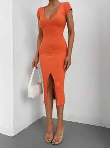 RueChic Ribbed Knit Split Thigh Bodycon Dress - Orange - View 4
