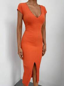 RueChic Ribbed Knit Split Thigh Bodycon Dress - Orange - View 5