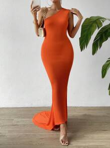 Chiquease 單肩環鏈打褶細節魚尾裙下擺連衣裙 - 橘色 - 查看 4