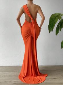 Chiquease 單肩環鏈打褶細節魚尾裙下擺連衣裙 - 橘色 - 查看 5