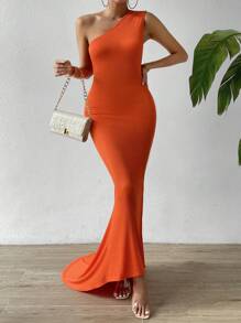 Chiquease 單肩環鏈打褶細節魚尾裙下擺連衣裙 - 橘色 - 查看 6