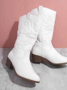 人造皮革刺繡牛仔靴 - 白色 - 查看 2