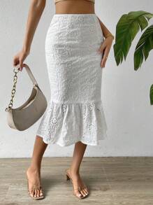 Chiquease Eyelet Embroidery Mermaid Hem Schiffy Skirt - White - View 1
