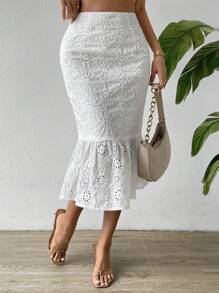 Chiquease Eyelet Embroidery Mermaid Hem Schiffy Skirt - White - View 3