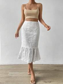 Chiquease Eyelet Embroidery Mermaid Hem Schiffy Skirt - White - View 5