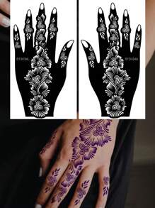 手花紋身鏤空模板貼紙 2 張 - 黑色 - 查看 1