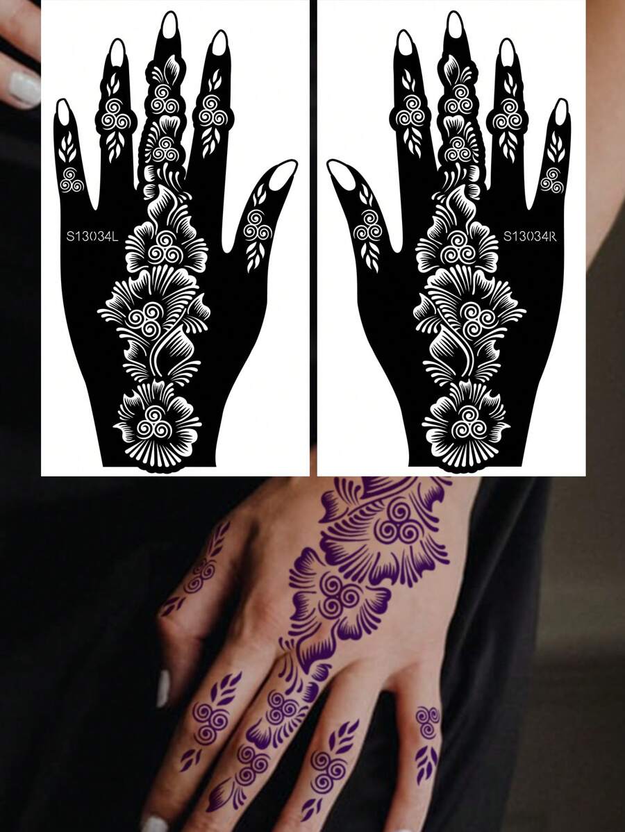 手花紋身鏤空模板貼紙 2 張 - 黑色 - 查看 1