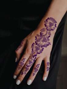 手花紋身鏤空模板貼紙 2 張 - 黑色 - 查看 2