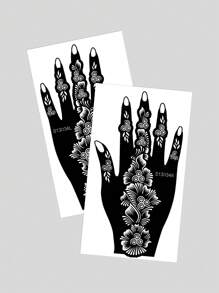 手花紋身鏤空模板貼紙 2 張 - 黑色 - 查看 3