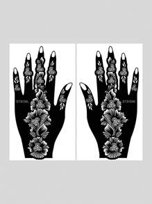 手花紋身鏤空模板貼紙 2 張 - 黑色 - 查看 4