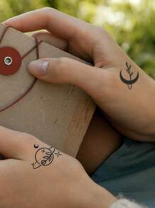 1sheet Star And Moon Pattern Fake Tattoo, Waterproof & Long Lasting (15 Days), Celestial & Cute - Black - View 1