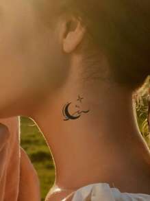 1sheet Star And Moon Pattern Fake Tattoo, Waterproof & Long Lasting (15 Days), Celestial & Cute - Black - View 4