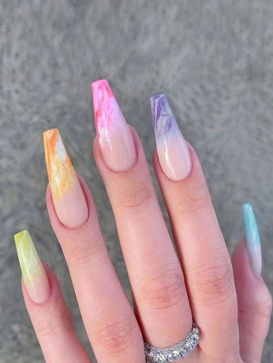 24入組霓虹漸變長棺形全套指甲，按壓式假指甲修飾套件，美甲用品升級你的風格