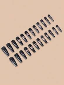 YADORNOS 24入組修長棺材形狀黑色假指甲，附1支果凍膠與1支指甲文件，即貼式假指甲，指甲美容用品 - 黑色 - 查看 3