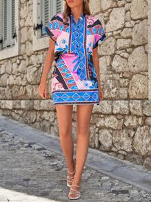 RueChic Geo & Floral Print Batwing Sleeve Blouse & Skirt - Multicolor - View 6