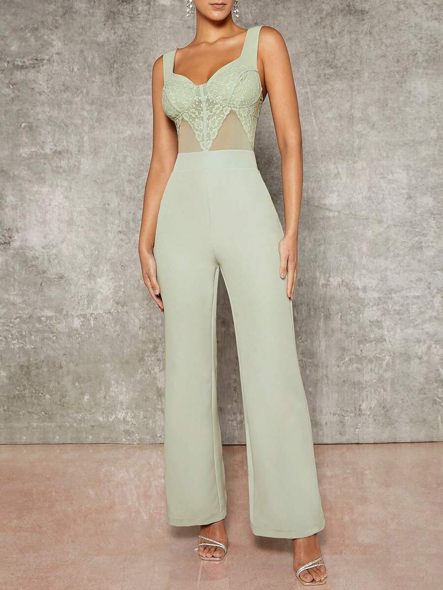 Hauture 蕾丝网布嵌件紧身胸衣优雅连身裤 - 薄荷綠 - 查看 1