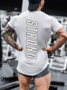 SHEIN Fitness 男士字母圖案插肩袖弧形下擺運動T恤 - 白色 - 查看 1