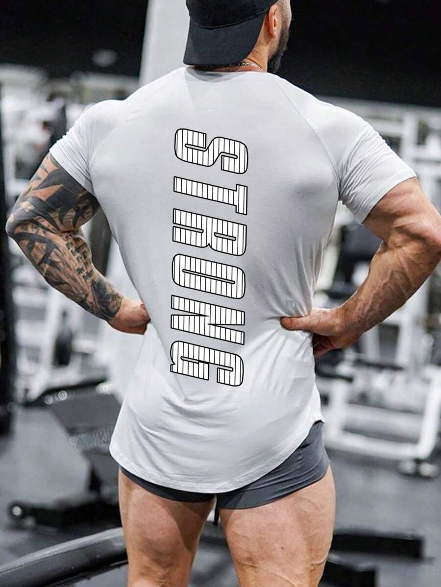 SHEIN Fitness 男士字母圖案插肩袖弧形下擺運動T恤 - 白色 - 查看 1