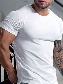 SHEIN Fitness 男士字母圖案插肩袖弧形下擺運動T恤 - 白色 - 查看 2