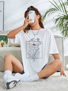 SHEIN EZwear 印花落肩T恤