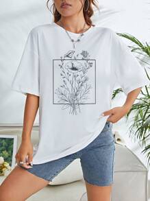 SHEIN EZwear 印花落肩T恤