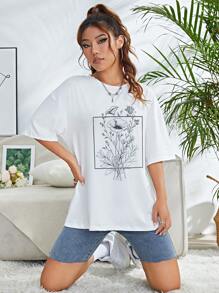 SHEIN EZwear 印花落肩T恤