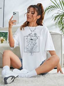 SHEIN EZwear 印花落肩T恤