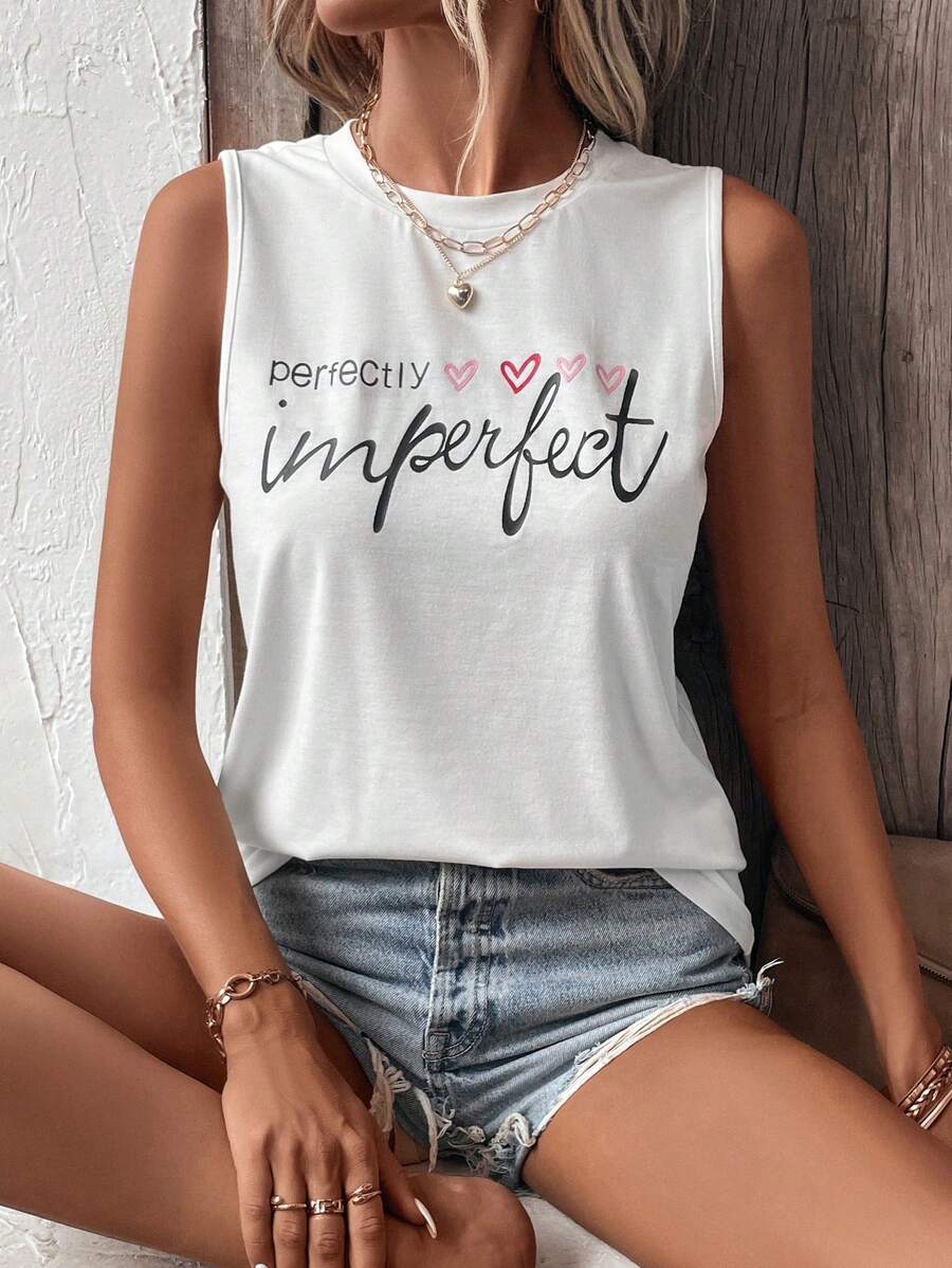 SHEIN LUNE Heart & Slogan Graphic Tank Top - White - View 1