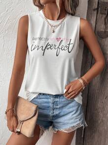 SHEIN LUNE Heart & Slogan Graphic Tank Top - White - View 3