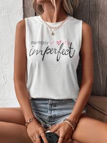 SHEIN LUNE Heart & Slogan Graphic Tank Top - White - View 4