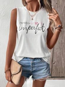 SHEIN LUNE Heart & Slogan Graphic Tank Top - White - View 6