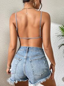 SHEIN PETITE Áo liền quần ôm nữ Lộ Lưng màu trơn Gợi cảm - Xám - Xem 2