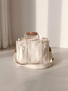 Casual Tote Bag Multi-compartment Adjustable Strap - Beige - View 1