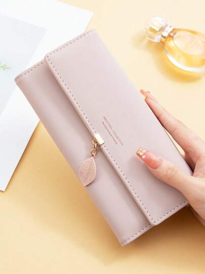 Pink Explosion Wallet, Japanese And Korean Fresh Style PU Soft Surface Creative Leaf Pendant