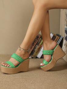 女性編織設計涼鞋,度假夏天綠色坡跟涼鞋 - 綠色 - 查看 3