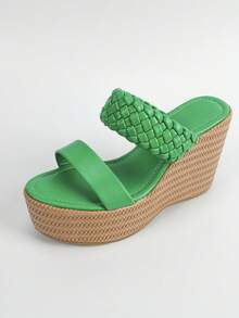 女性編織設計涼鞋,度假夏天綠色坡跟涼鞋 - 綠色 - 查看 4