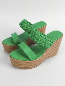 女性編織設計涼鞋,度假夏天綠色坡跟涼鞋 - 綠色 - 查看 7
