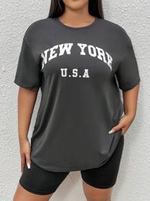 SHEIN EZwear Plus Letter Graphic Drop Shoulder Tee - Dark Grey - View 1