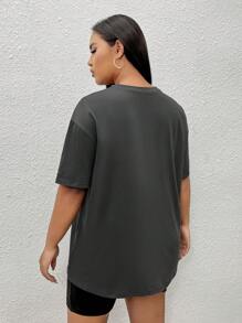 SHEIN EZwear Plus Letter Graphic Drop Shoulder Tee - Dark Grey - View 2